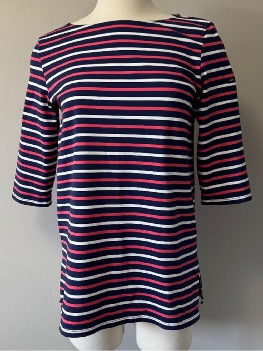 Saint James Navy and Pink Striped Nautical 3/4 Sleeve Crew neck Tee Sz M